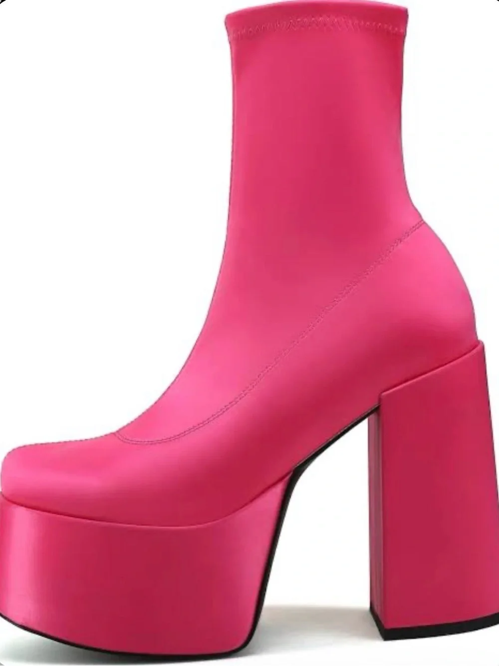 Platform Block Heel Ankle Boots in Vibrant Pink